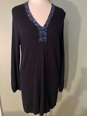 Women's Black Saks Fifth Avenue Navy V-Neck Sweater Large